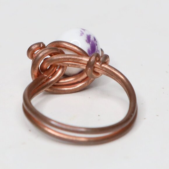 Handmade Copper Wire Wrapped Ceramic Beaded Ring - Boho Gemstone Jewelry - Picture 4 of 7